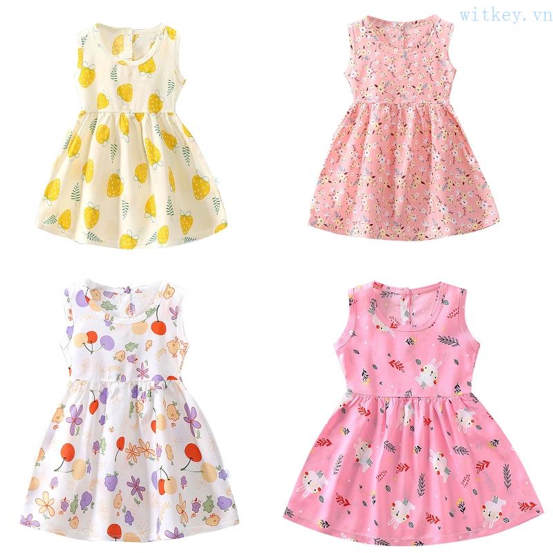 Đầm Không Tay Cổ Tròn Cài Nút Sau Lưng In Họa Tiết Trái Cây Hoạt Hình Dễ Thương Thời Trang Mùa Hè