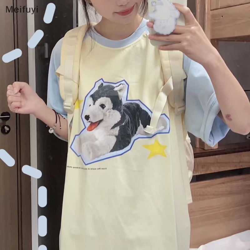 Áo Thun Tay Ngắn Cổ Tròn Dáng Rộng In Hình Chú Chó Hoạt Hình Dành Cho Nữ