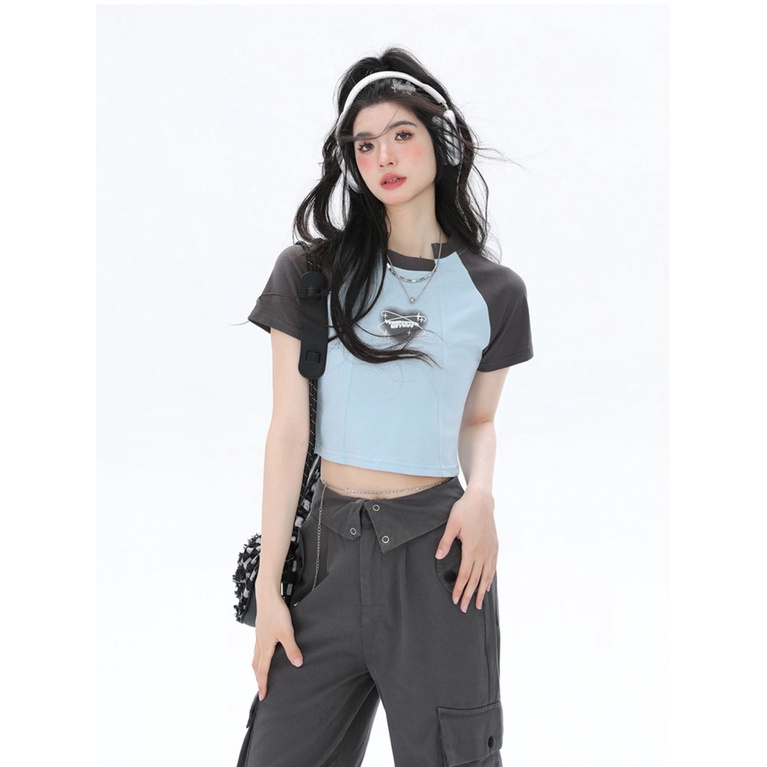 Áo Croptop Tay Ngắn Cổ Tròn Màu Sắc Tương Phản Phong Cách Retro Dành Cho Nữ