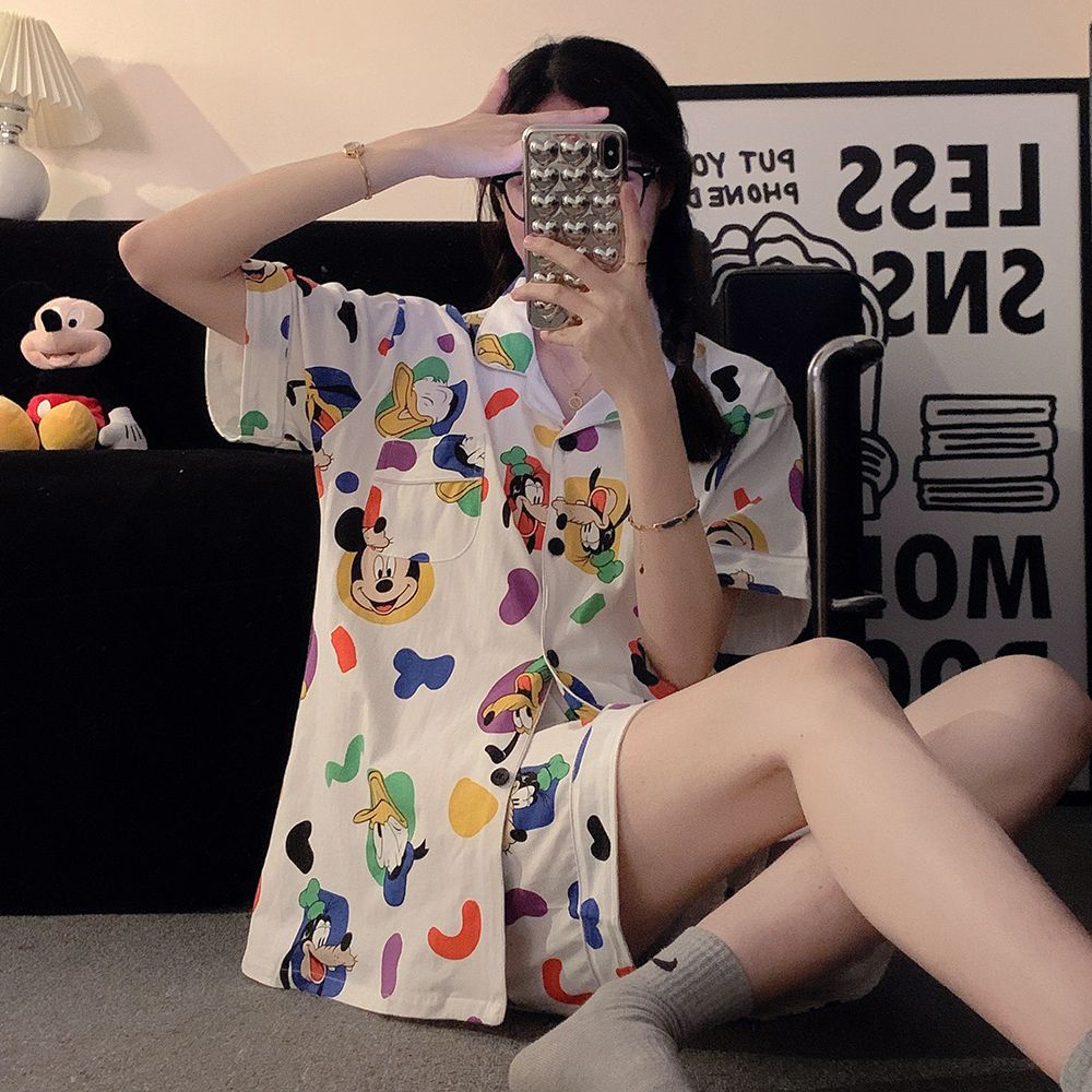 Bộ Đồ Ngủ Tay Ngắn Dáng Rộng In Họa Tiết Hoạt Hình Mickey Dễ Thương Thời Trang Mùa Hè Cho Nữ