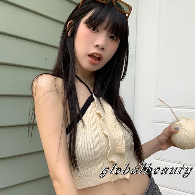 Gb-áo Tank Top Dệt Kim Không Tay Hở Lưng Phối Màu Tương Phản Phong Cách Thoải Mái Cho Nữ