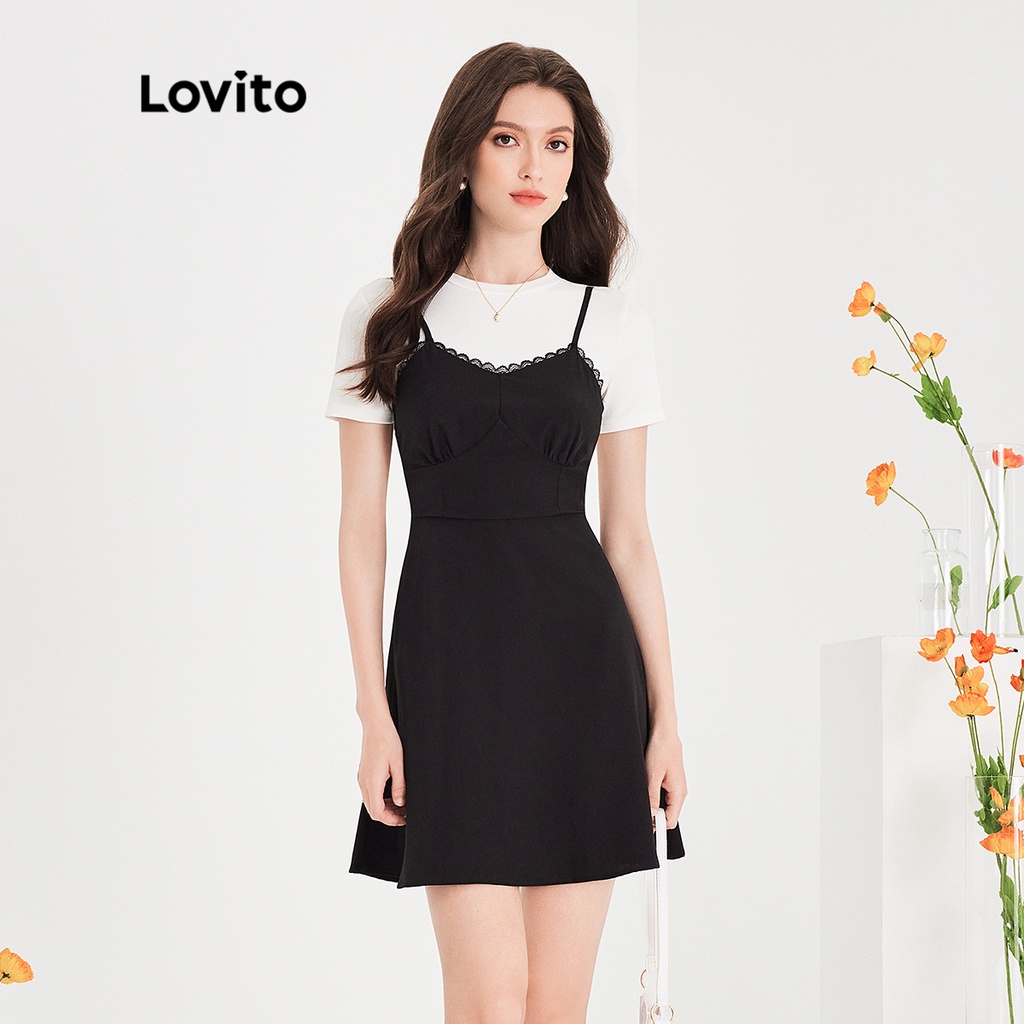 Đầm mini Lovito kiểu chữ A tay ngắn cổ tròn ghép nối màu trơn thường ngày cho nữ L51ED120 (Màu đen và trắng)