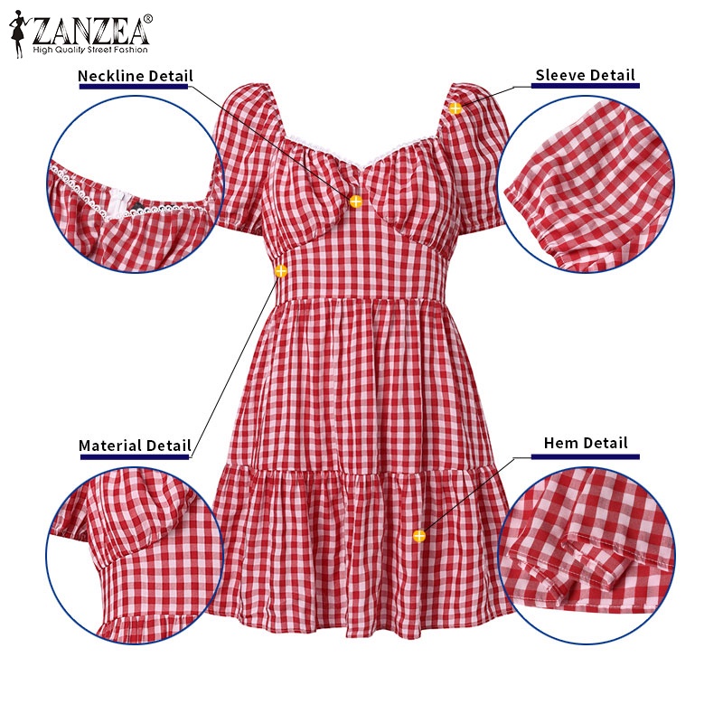 Zanzea Đầm Tay Phồng Cổ Vuông Họa Tiết Sọc Caro Phong Cách Hàn Quốc Thời Trang Cho Nữ