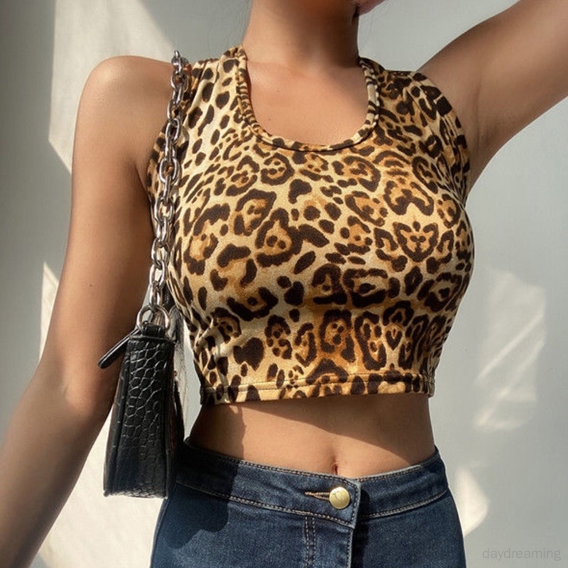 Áo Croptop Không Tay In Họa Tiết Da Báo Phong Cách Retro Mỹ Thời Trang Cho Nữ