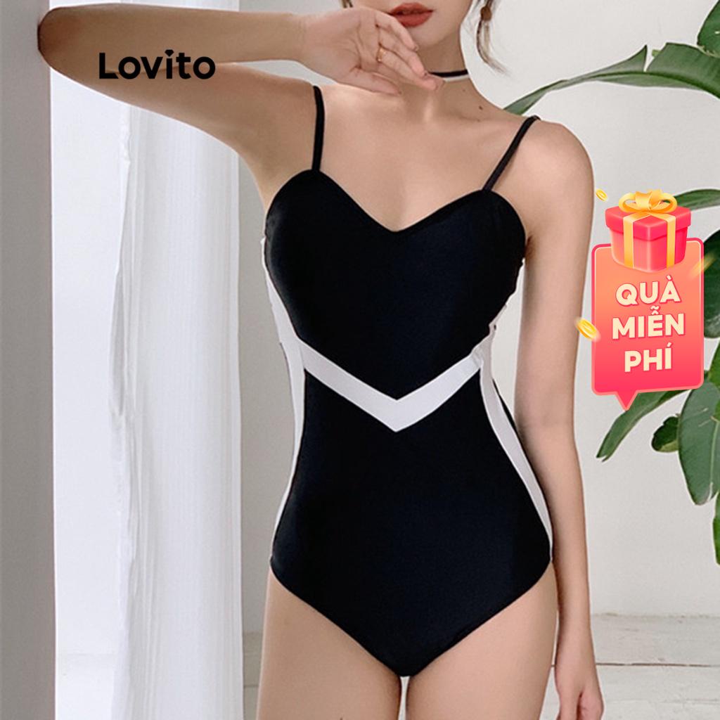 Đồ bơi một mảnh Lovito khối màu hình học cơ bản cho nữ L48AD014 (màu đen)