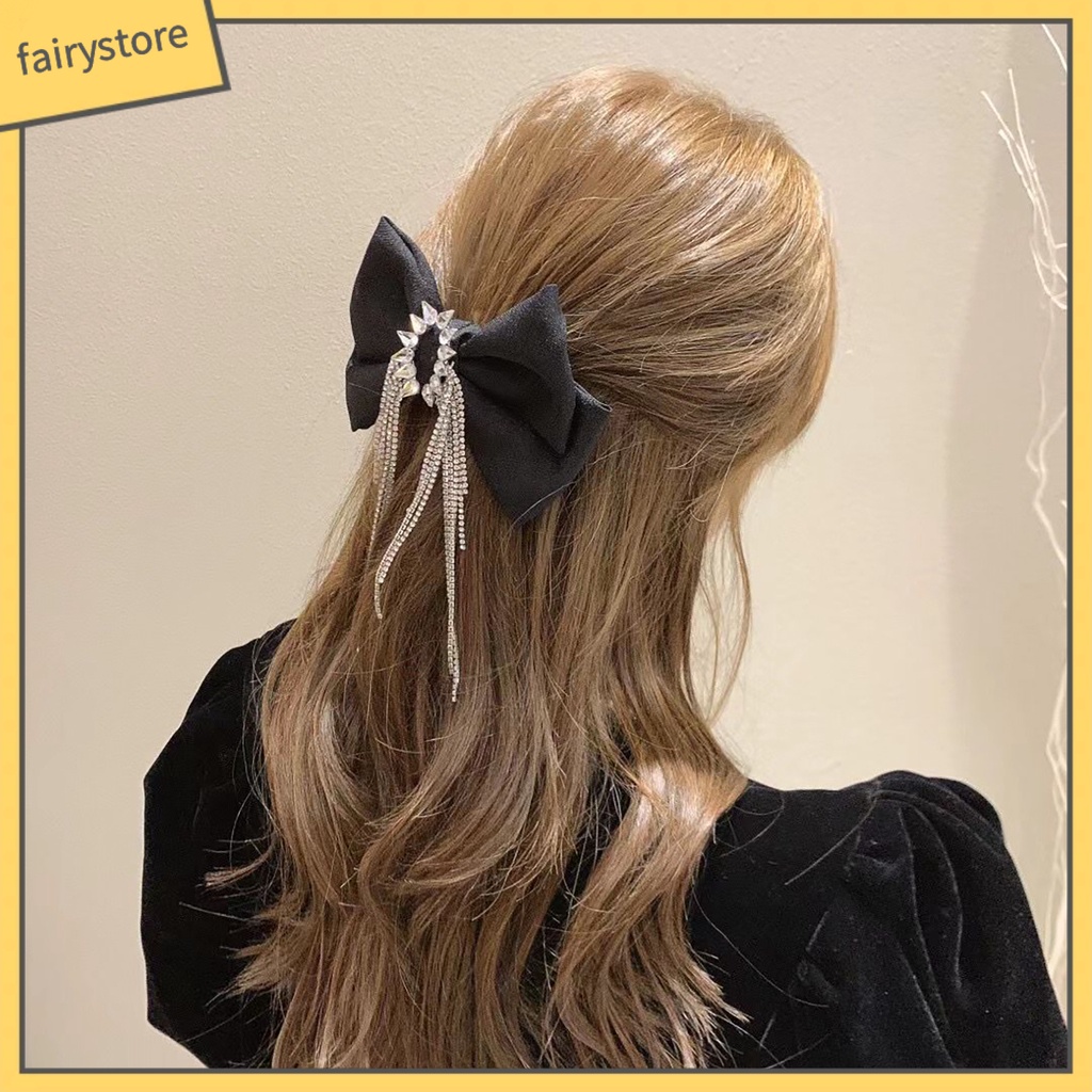 Kẹp Tóc Nơ Đính Đá Tua Rua Màu Đen Cho Nữ