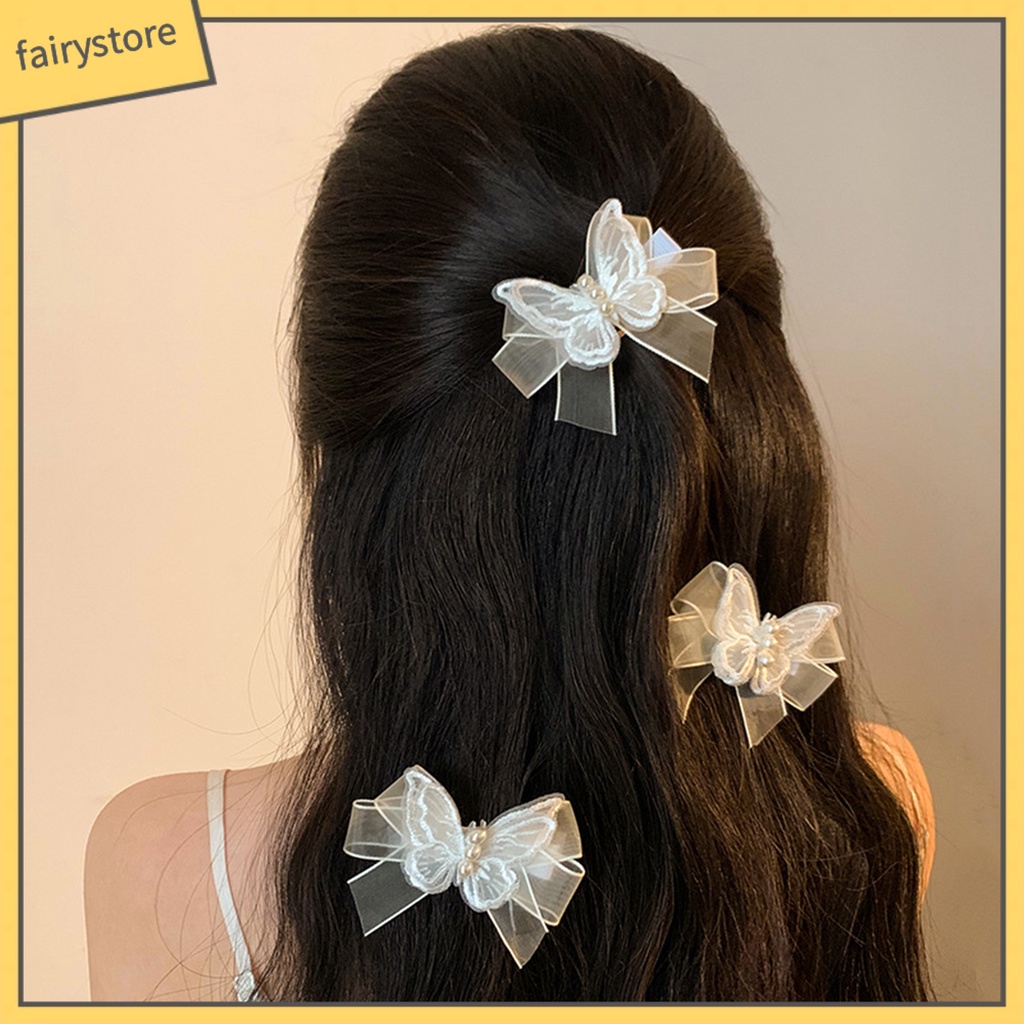 1 Cặp Kẹp Tóc Ba Lớp Hình Bướm Đính Ngọc Trai Giả Gọn Nhẹ Chống Trượt