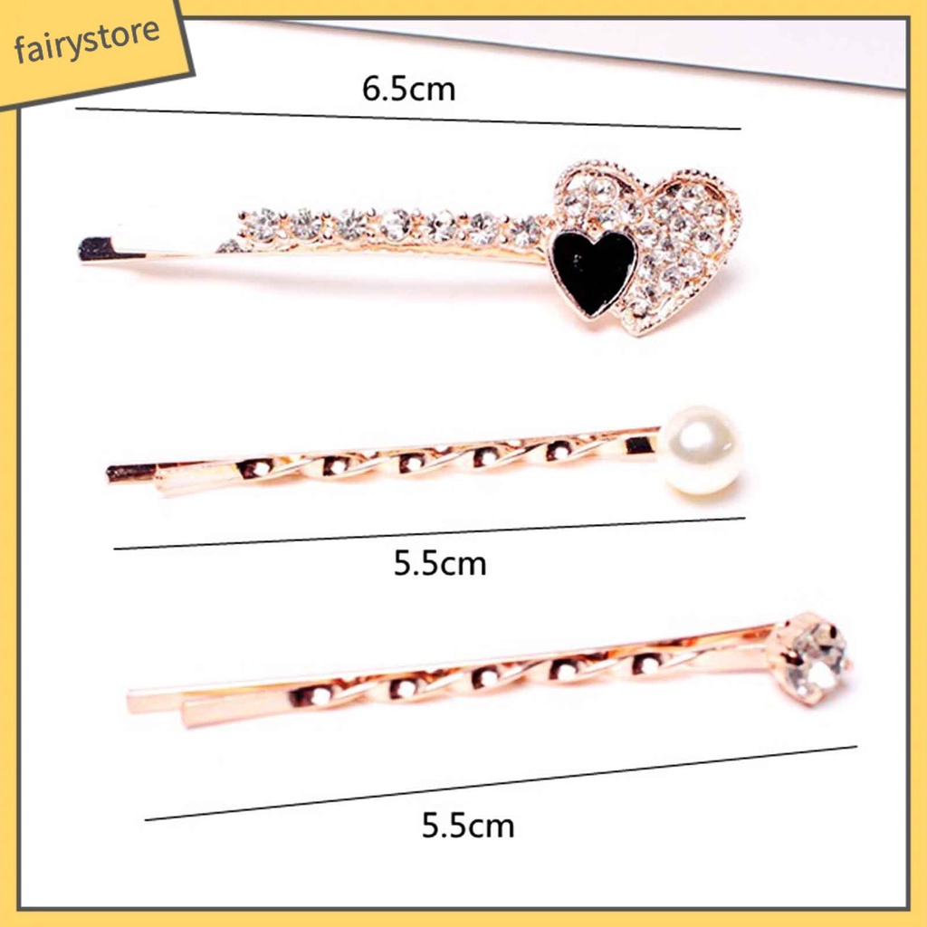 Bộ 3 Kẹp Tóc Đính Đá / Ngọc Trai Giả Hình Trái Tim Dùng Hàng Ngày