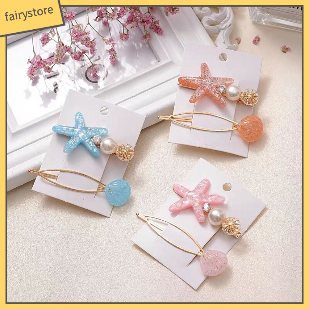 Set 2 Kẹp Tóc Hình Vỏ Sò / Sao Biển Đính Ngọc Trai Giả Thời Trang