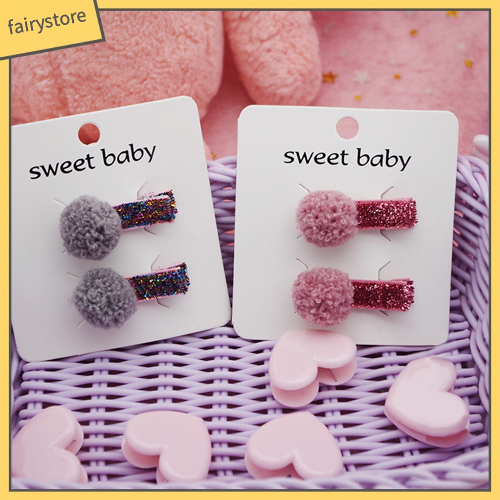 Set 2 Kẹp Tóc Mini Đính Bóng Lông Xinh Xắn Cho Bé Gái