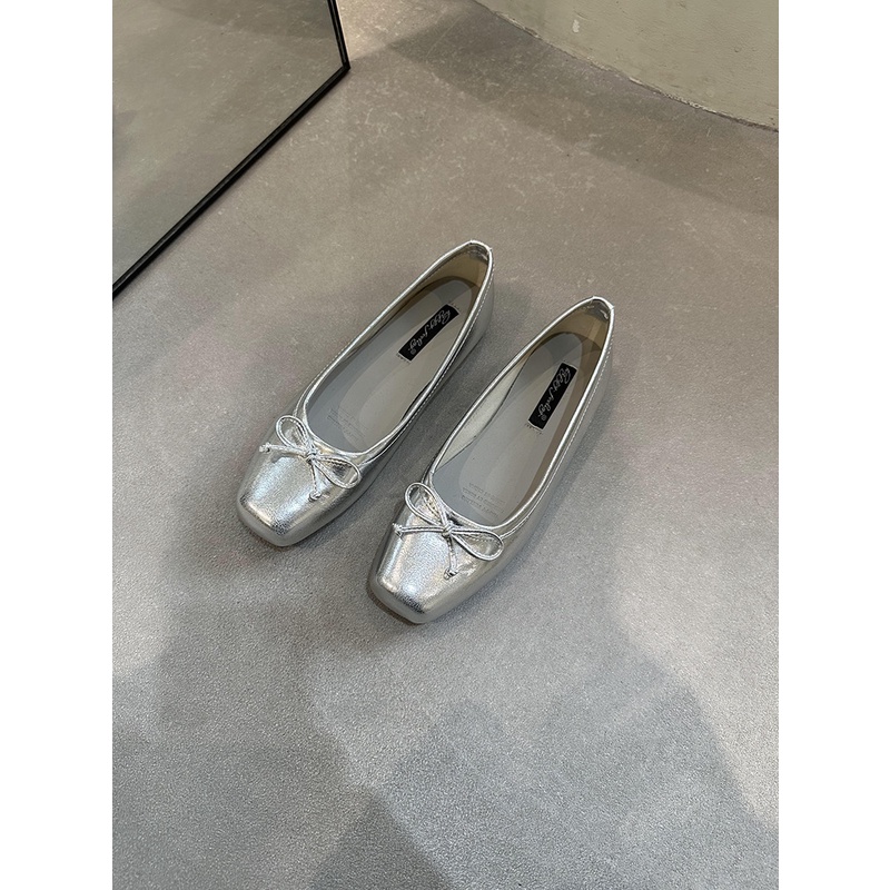 Lijia Giày Búp Bê Đế Mềm Mũi Vuông Màu Bạc Phong Cách Pháp Thanh Lịch Cho Nữ Có Sẵn