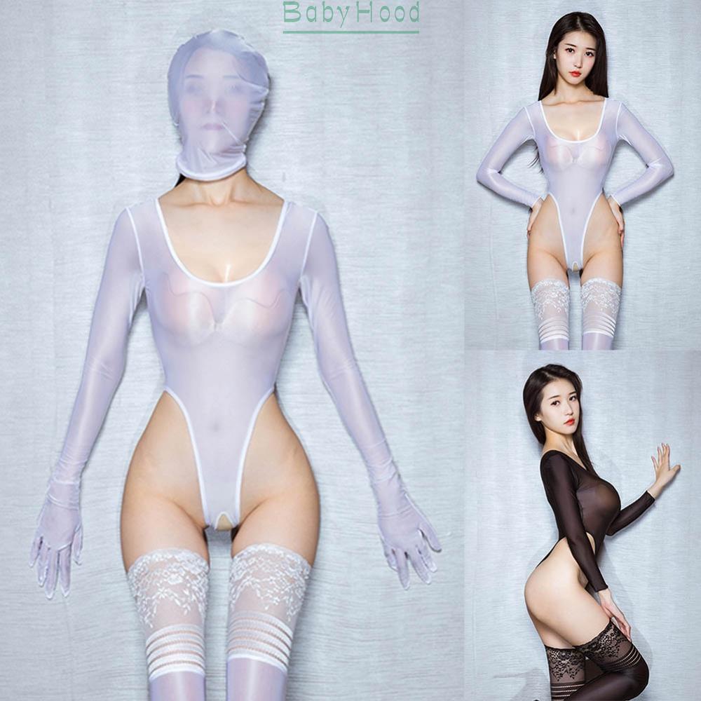 Women's Black/White Sheer Long Sleeve Bodysuit Jumpsuit Crotchless Nightwear Glossy#BBHOOD