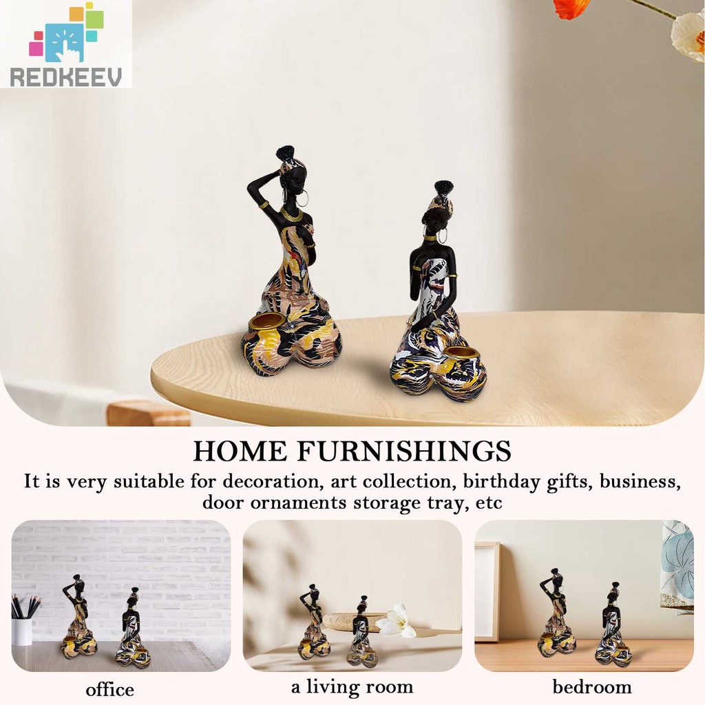 Set 2 Bức Tượng Nữ Bộ Lạc Châu Phi Bằng Nhựa Resin Màu Đen Để Bàn Trang Trí Nội Thất
