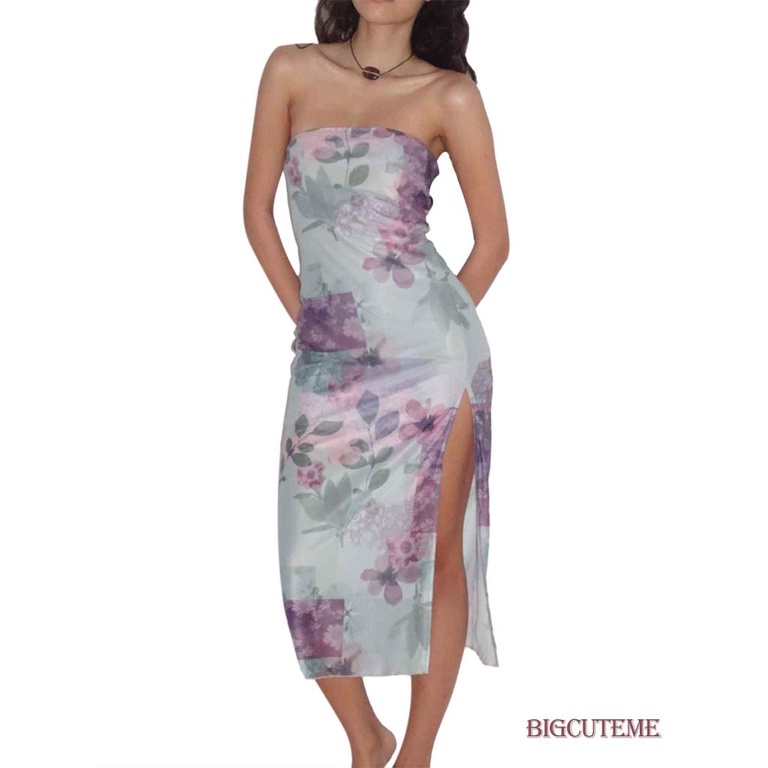 [] Đầm Ống Midi Không Tay Hở Lưng Dáng Ôm In Hoa Mùa Hè Cho Nữ