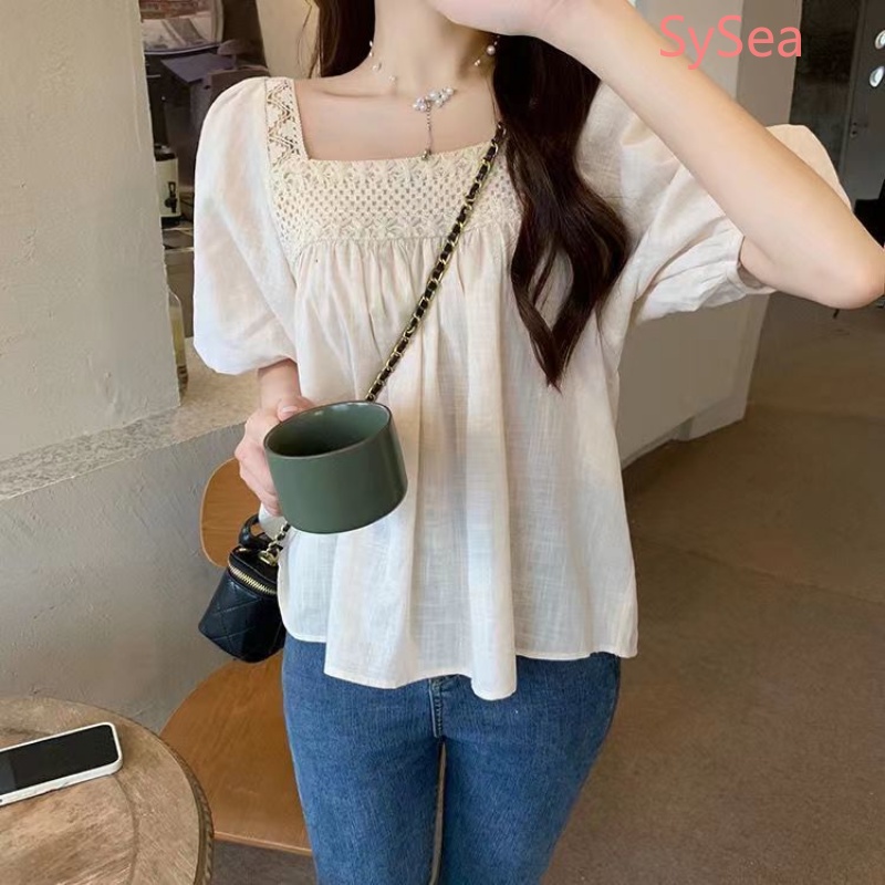 Áo Kiểu Tay Phồng Cổ Vuông Phong Cách Pháp Thanh Lịch Cho Nữ