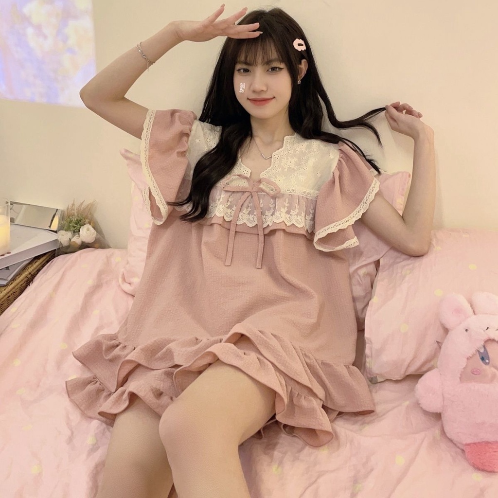Bộ Đồ Ngủ Tay Ngắn Phối Ren Dễ Thương Thời Trang Mùa Hè 2023 Cho Bạn Gái