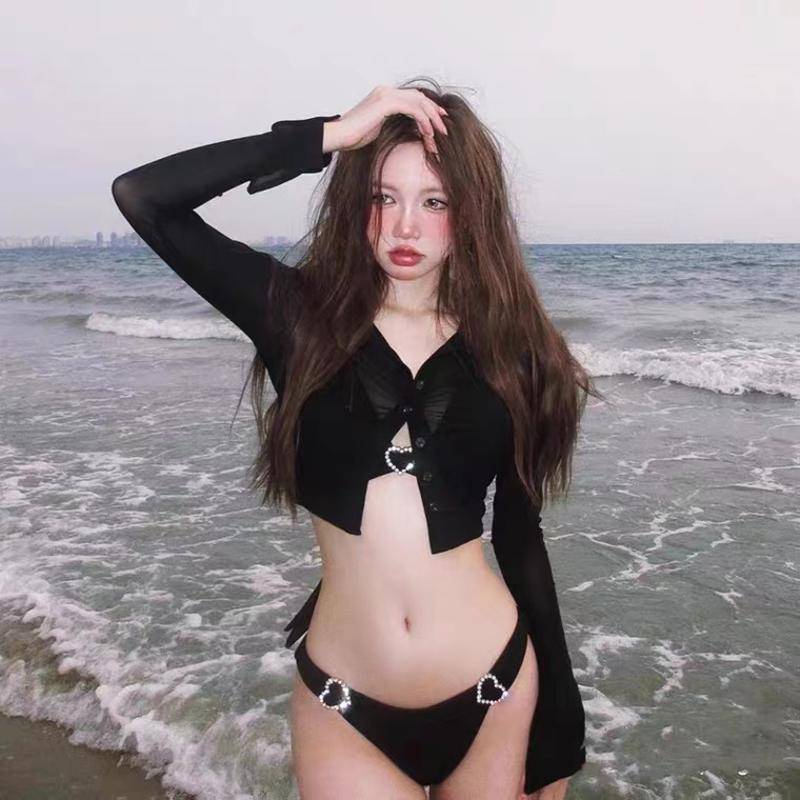 Bộ Đồ Bơi Ba Mảnh Màu Đen Tay Dài Gợi Cảm Cho Nữ