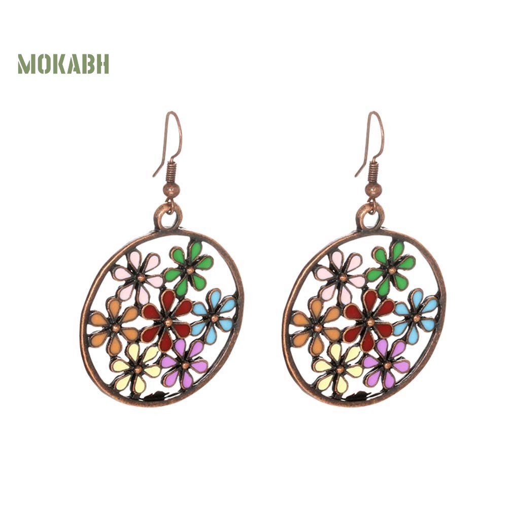 [Mok Abh] Bông Tai Tròn Họa Tiết Hình Hoa Nhiều Màu Sắc Theo Phong Cách Bohemian