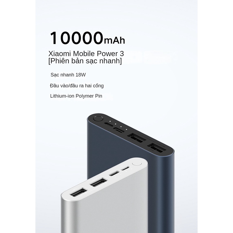 Sạc dự phòng Xiaomi power bank 10000 mAh thế hệ 3 sạc nhanh siêu mỏng nhỏ gọn di động công suất lớn 18w hai chiều