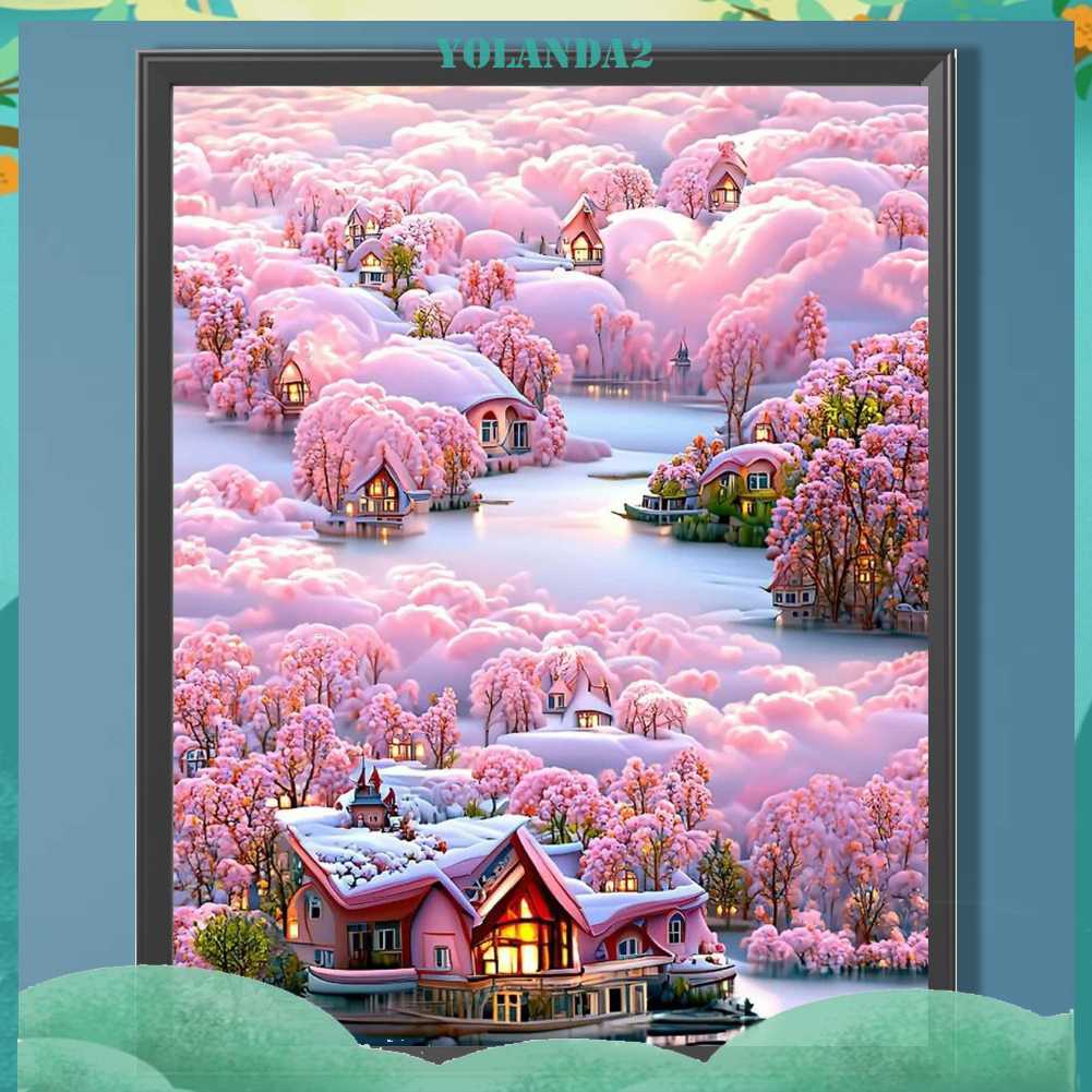 Tranh Đính Đá Kim Cương Toàn Bộ 5D DIY Hình Vẽ Biệt Thự Núi Và Hoa