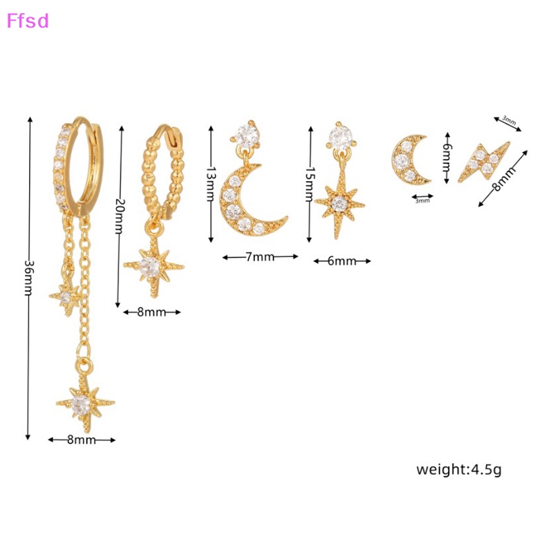 {Ffsd} Bộ 6 Bông Tai Xỏ Lỗ Đính Đá Zircon Pha Lê Hình Mặt Trăng Ngôi Sao Màu Vàng Cho Nữ