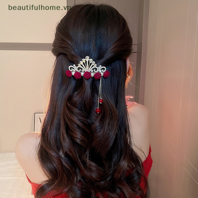 Kẹp Tóc Hình Vương Miện Đính Đá Phối Tua Rua Thời Trang Cho Nữ