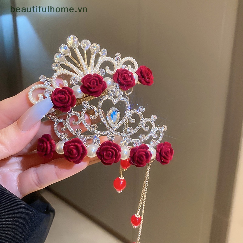 Kẹp Tóc Hình Vương Miện Đính Đá Phối Tua Rua Thời Trang Cho Nữ