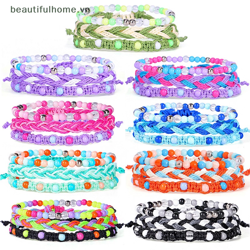 Bộ 3 Vòng Tay Dây Bện Xỏ Hạt Nhiều Màu Phong Cách Bohemian Thời Trang