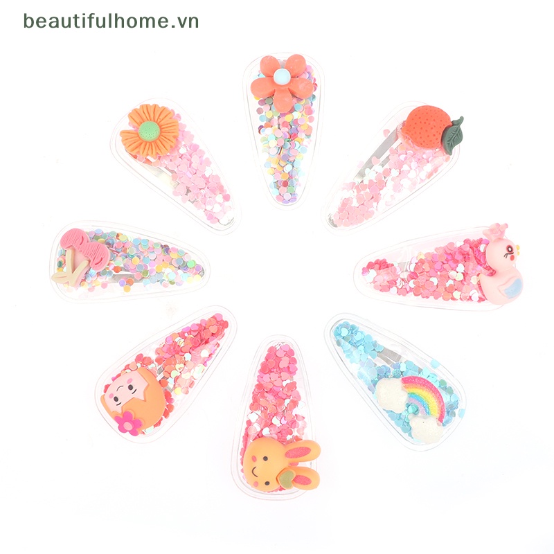 [beautifulhome] Set 5 Kẹp Tóc Mái Bên Họa Tiết Động Vật / Trái Cây / Cát Lún Lấp Lánh Dễ Thương [beauty]