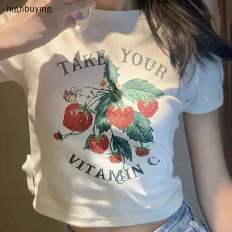 Áo Thun Croptop Ngắn Tay Cổ Tròn In Họa Tiết Dâu Tây Xinh Xắn Theo Phong Cách Mùa Hè Dành Cho Nữ