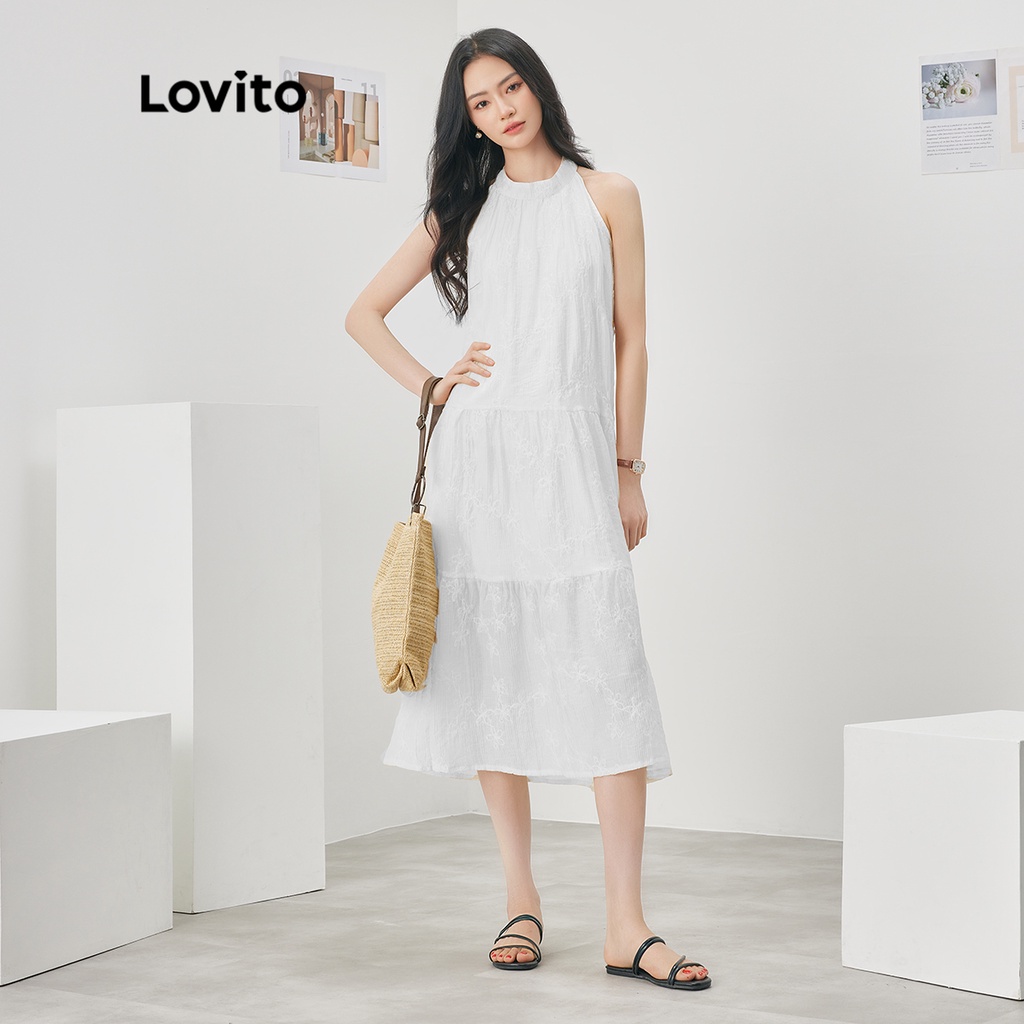 Đầm Lovito dáng chữ A không tay màu trơn dây buộc phía sau phong cách thường ngày dành cho nữ L52AD082 (màu mơ/trắng)