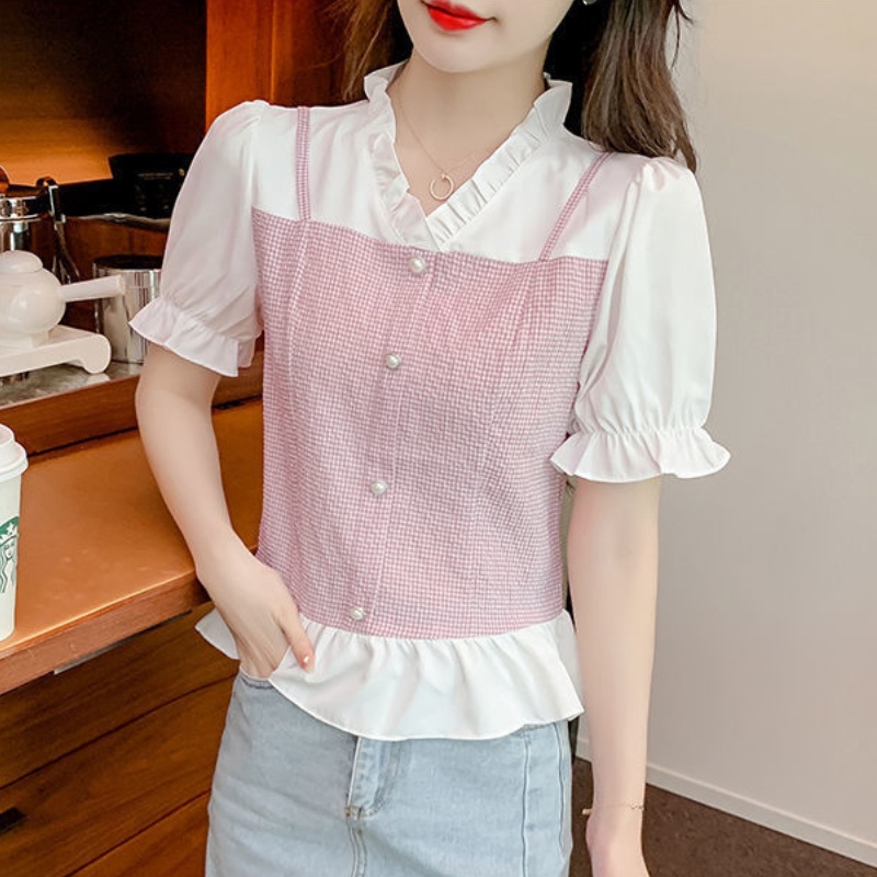 Áo Kiểu Tay Phồng Cổ Chữ V Họa Tiết Sọc Caro Ngọt Ngào Thời Trang Mùa Hè Phong Cách Hàn Quốc