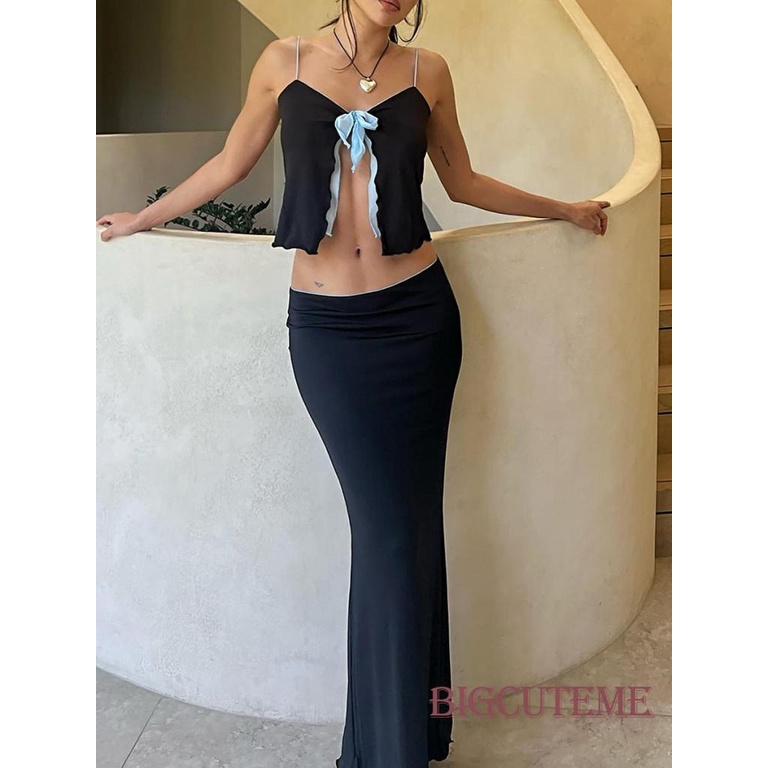 [] - Áo Yếm + Chân Váy 2 Lớp Lưới Ôm Dáng Không Tay Mùa Hè Màu Sắc Tương Phản Cho Nữ