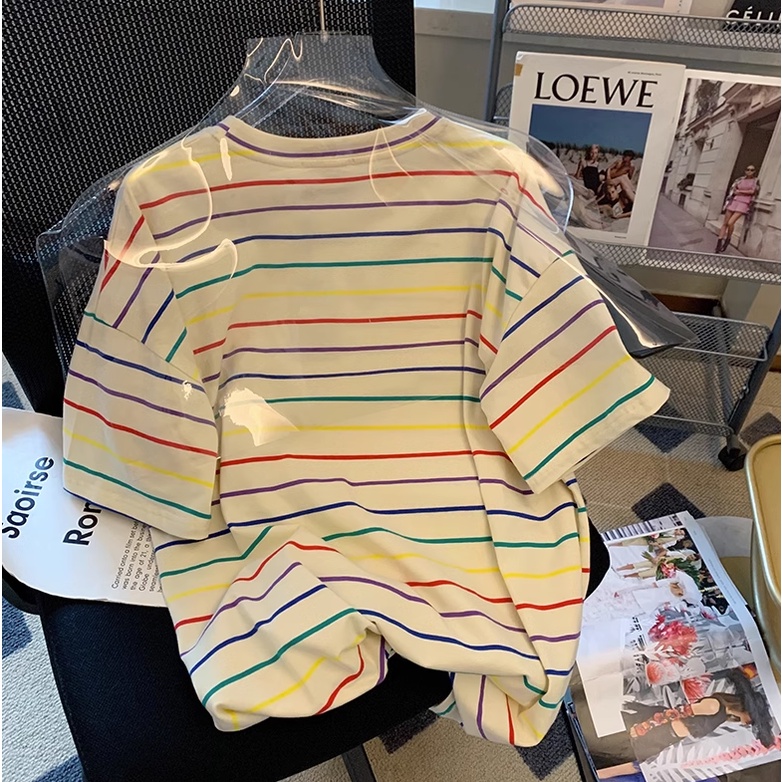 Áo Thun 100% cotton Tay Ngắn Dáng Suông In Họa Tiết Kẻ Sọc Ngang Trẻ Trung Thời Trang Phong Cách Hàn Quốc Cho Nữ 200g