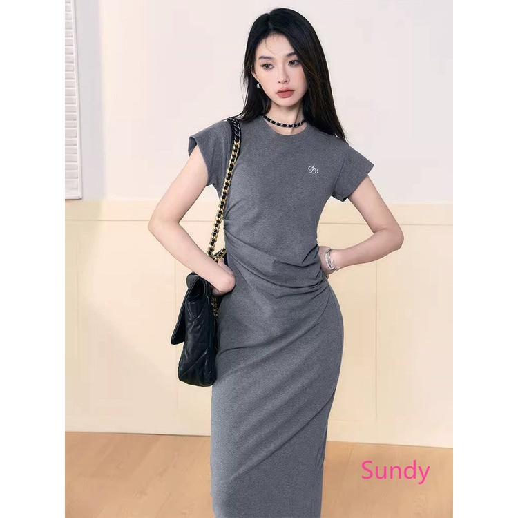 Đầm Tay Ngắn Chiết Eo Xếp Ly Lệch Tà Đơn Giản Thời Trang Mùa Hè Cho Nữ Plus Size