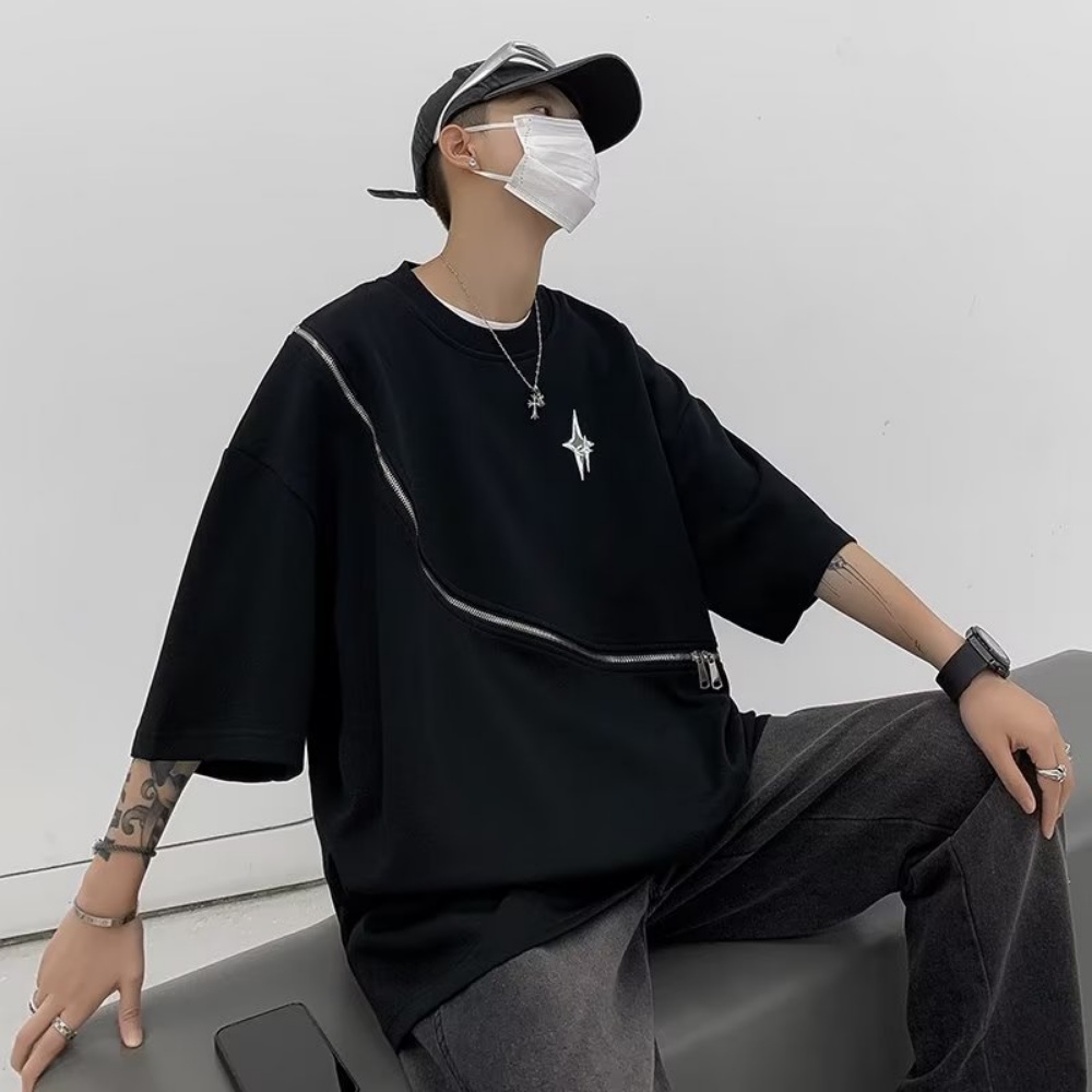 Áo Thun Ngắn Tay Cổ Tròn Dáng Rộng Phối Khóa Kéo Kim Loại Thời Trang Mùa Hè Giản Dị Dành Cho Nam