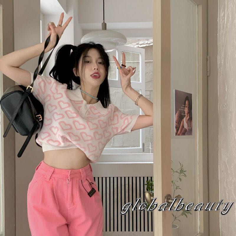 Áo Thun Crop Top Tay Ngắn 1 / 3 Nút Họa Tiết Trái Tim Đơn Giản Dành Cho Nữ