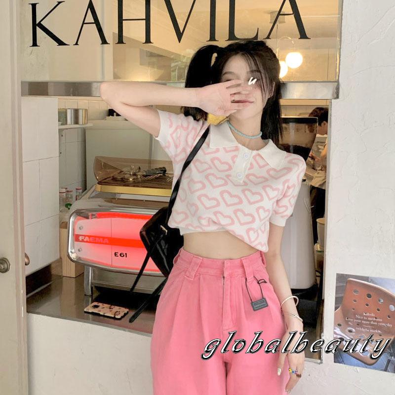 Áo Thun Crop Top Tay Ngắn 1 / 3 Nút Họa Tiết Trái Tim Đơn Giản Dành Cho Nữ
