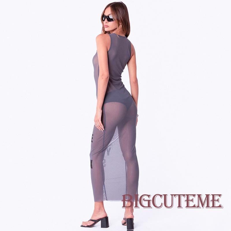 Đầm Lưới Dài Không Tay Cổ Thuyền In Chữ Thời Trang Mùa Hè Dành Cho Nữ