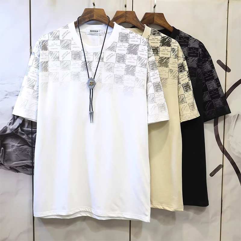 Áo thun HANLU cotton trơn dáng rộng tay lửng họa tiết caro phong cách Nhật Bản chất lượng cao cho nam