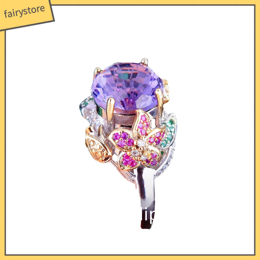 [FTO] Nhẫn Hở Mạ Vàng Hai Màu Khảm Đá Kim Cương Tím Hình Hoa Nhiều Màu Sắc Và Kho Báu