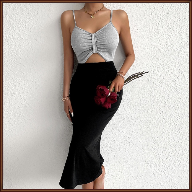 Đầm Lửng Không Tay Cổ Chữ V Lưng Cao Màu Sắc Tương Phản Thời Trang Mùa Hè Dành Cho Nữ