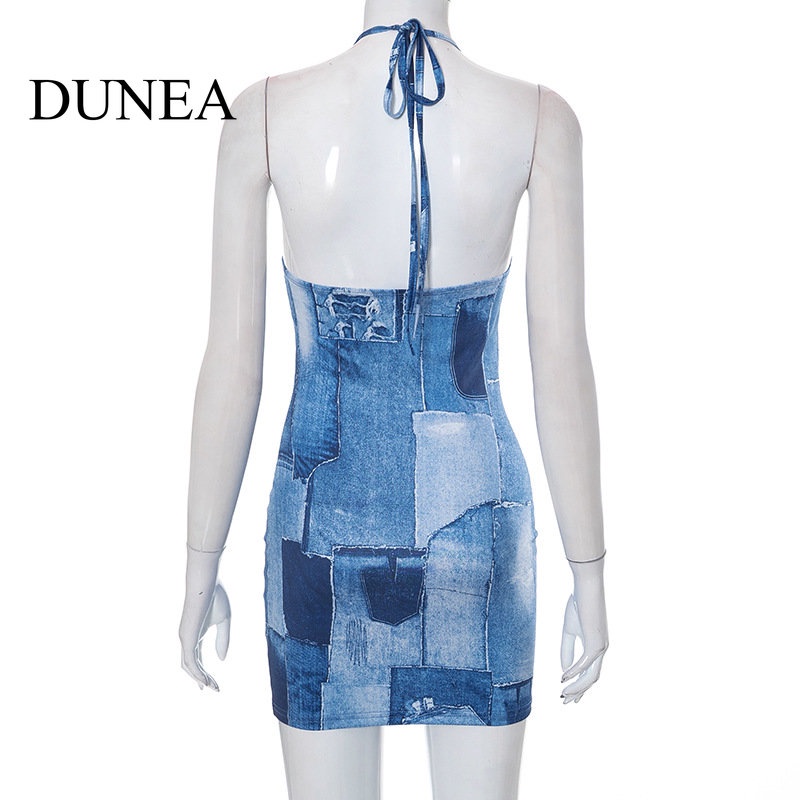 DUNEA Đầm Dây Denim Hở Lưng In Hoa