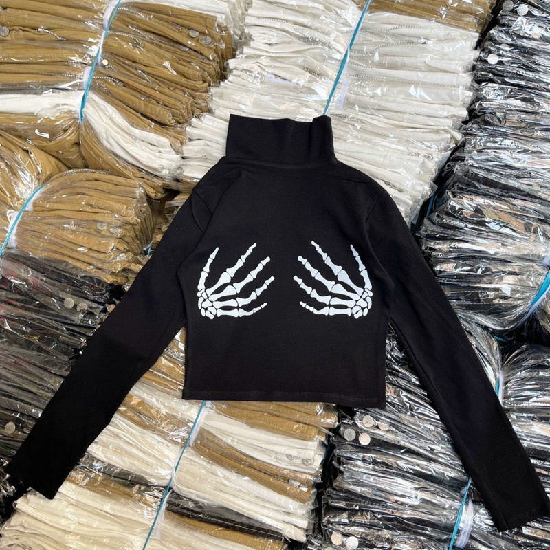 Áo cổ lọ tay dài hoạ tiết bàn tay xương vải thun pozip mềm mịn, dày dặn, co giãn tốt alohashop91