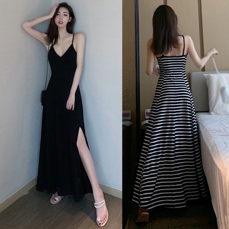 Đầm Ôm Dáng Xẻ Tà Họa Tiết Kẻ Sọc Cổ Chữ V Quyến Rũ Dành Cho Nữ