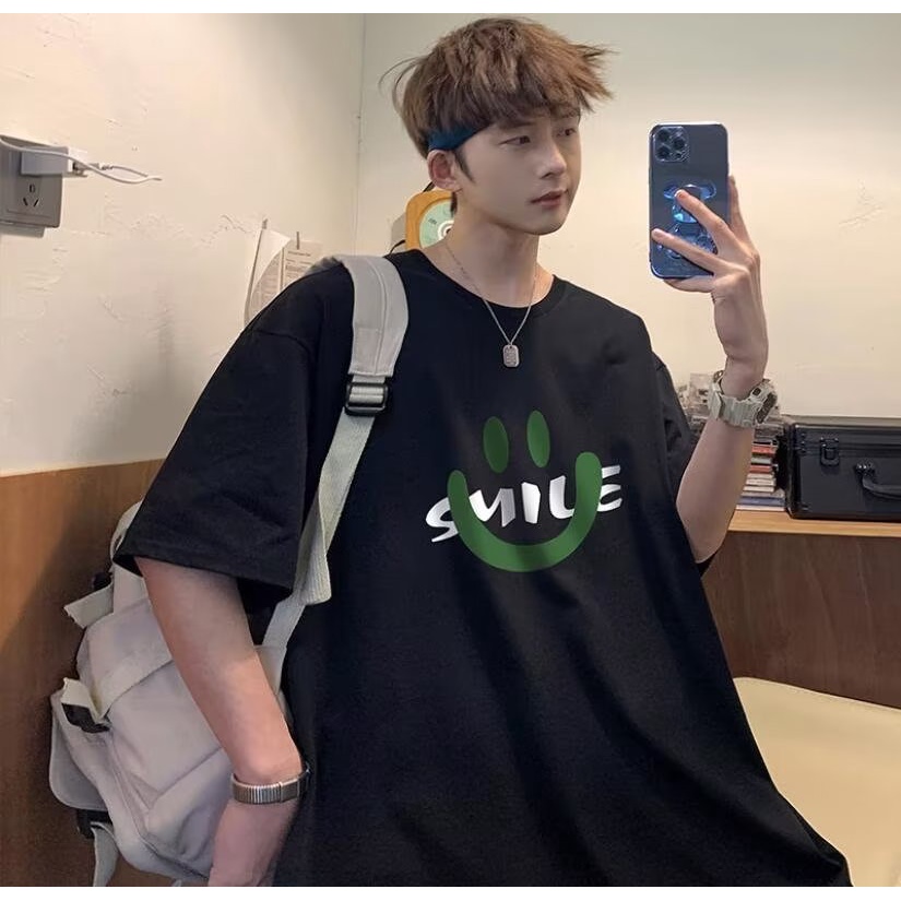 Áo Thun Tay Ngắn Cổ Tròn Cỡ Lớn In Họa Tiết Hoạt Hình Mặt Cười Màu Vàng Phong Cách Vintage Thời Trang Mùa Hè Cho Nam Size M-5XL