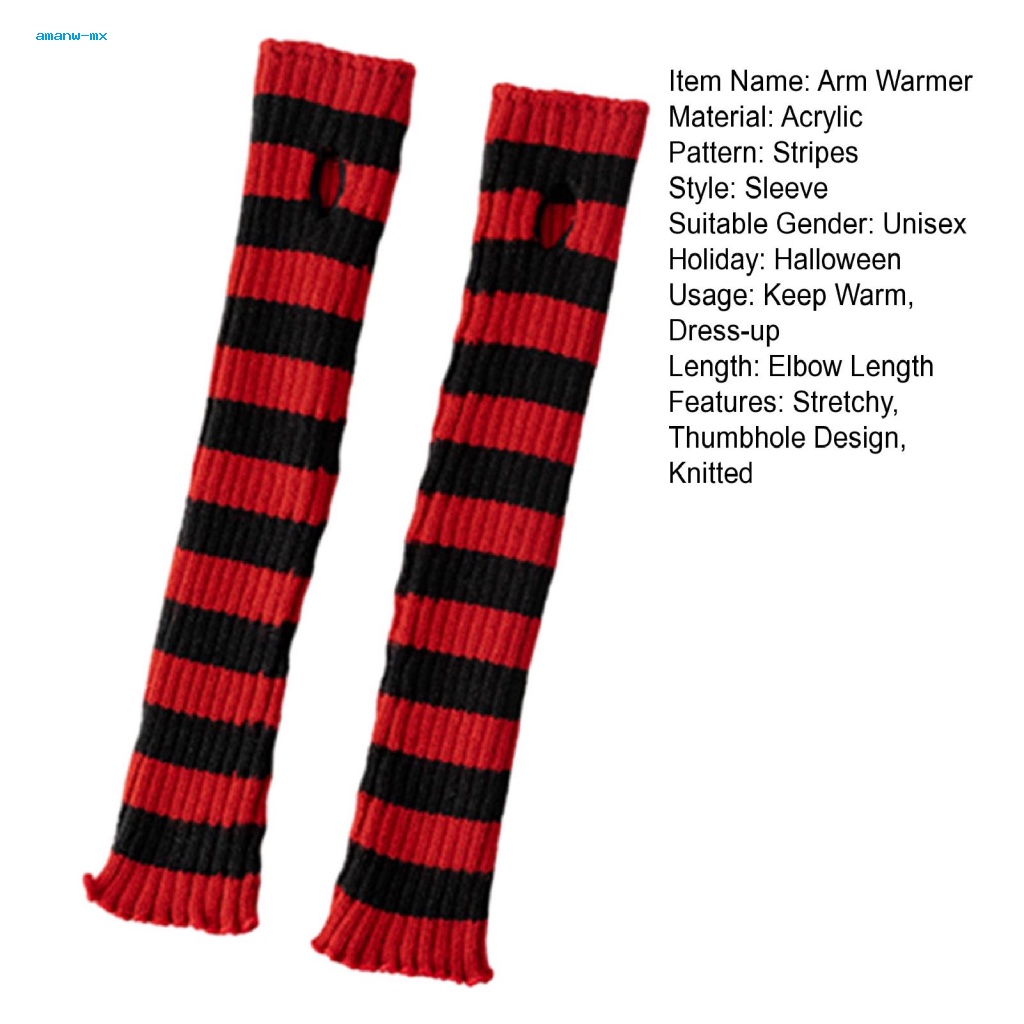 Găng Tay Dệt Kim Hở Ngón Co Giãn Họa Tiết Kẻ Sọc Đen Đỏ Hóa Trang Halloween Cho Nữ