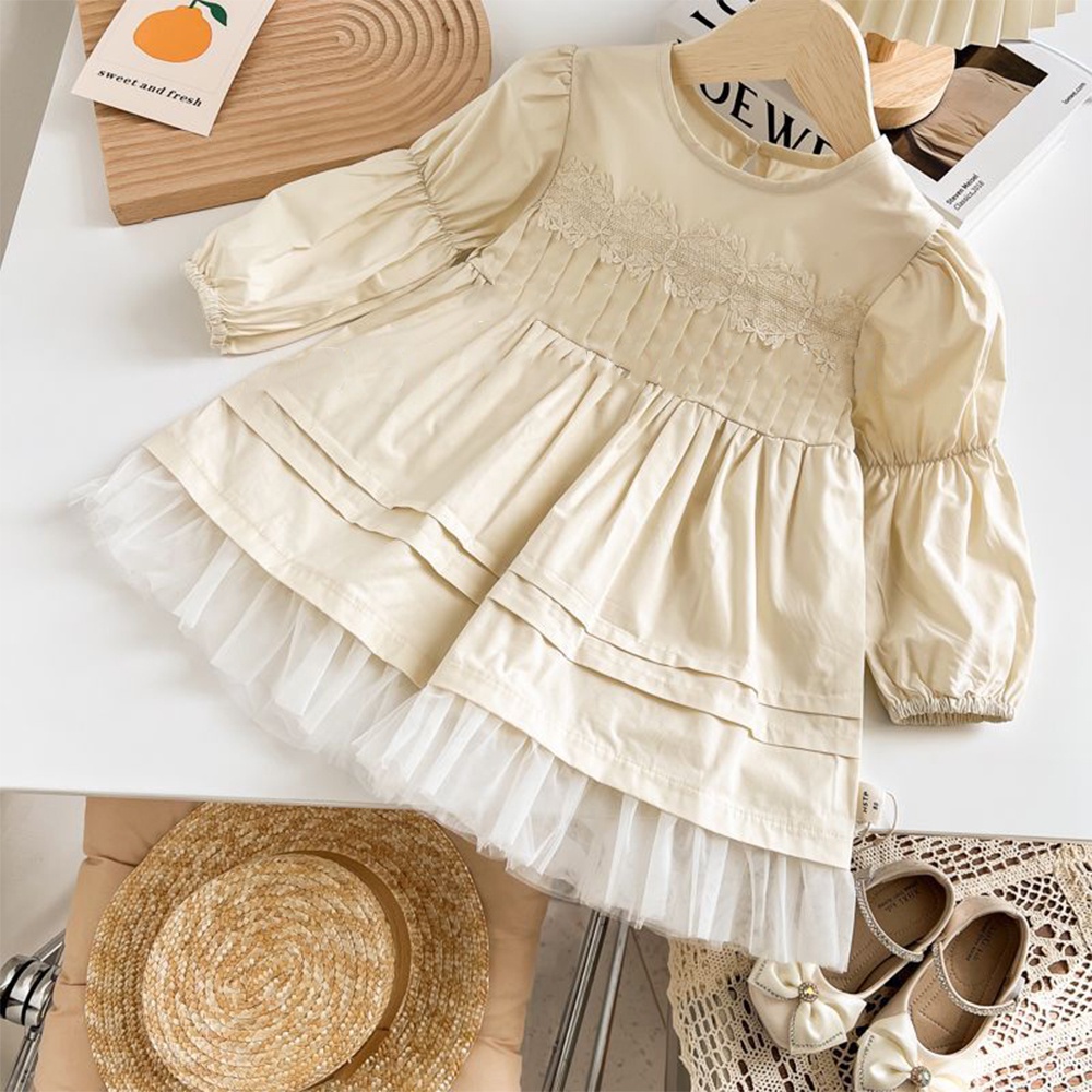 BEAR LEADER Đầm Công Chúa Tay Dài Cổ Tròn Phối Ren Màu Be Thời Trang Mùa Thu Phong Cách Hàn Quốc Cho Bé Gái 2-7 Tuổi