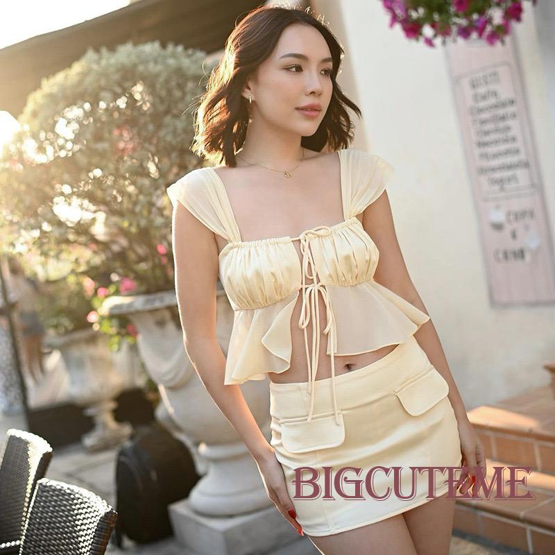 Bộ Áo Tank Top Cổ Vuông + Chân Váy Ôm Mini Màu Trơn Thời Trang Mùa Hè Xinh Xắn Cho Nữ