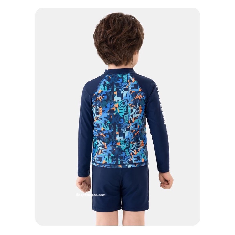Bộ bơi bé trai dài tay, xanh đen hoạ tiết chữ, Momasong